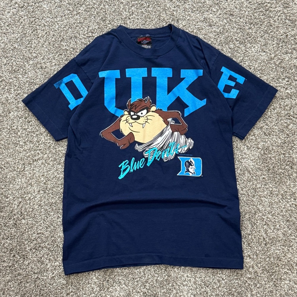 VTG 90s Duke Blue Devils Taz Spellout T-Shirt Looney Tunes NCAA Logo 1993 Mens L